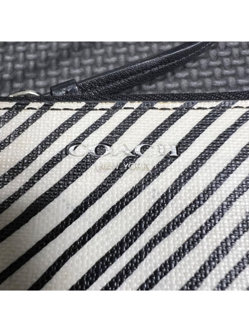 Coach Black & White Diagonal Stripe Leather Wristlet Zip Closure Compact Design - Picture 2 of 5